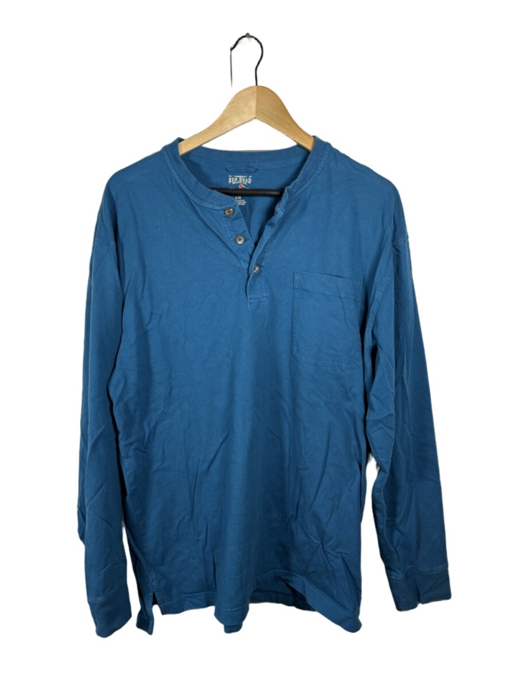 RedHead Henley Shirt Mens Large Blue Long Sleeve Pocket Tee